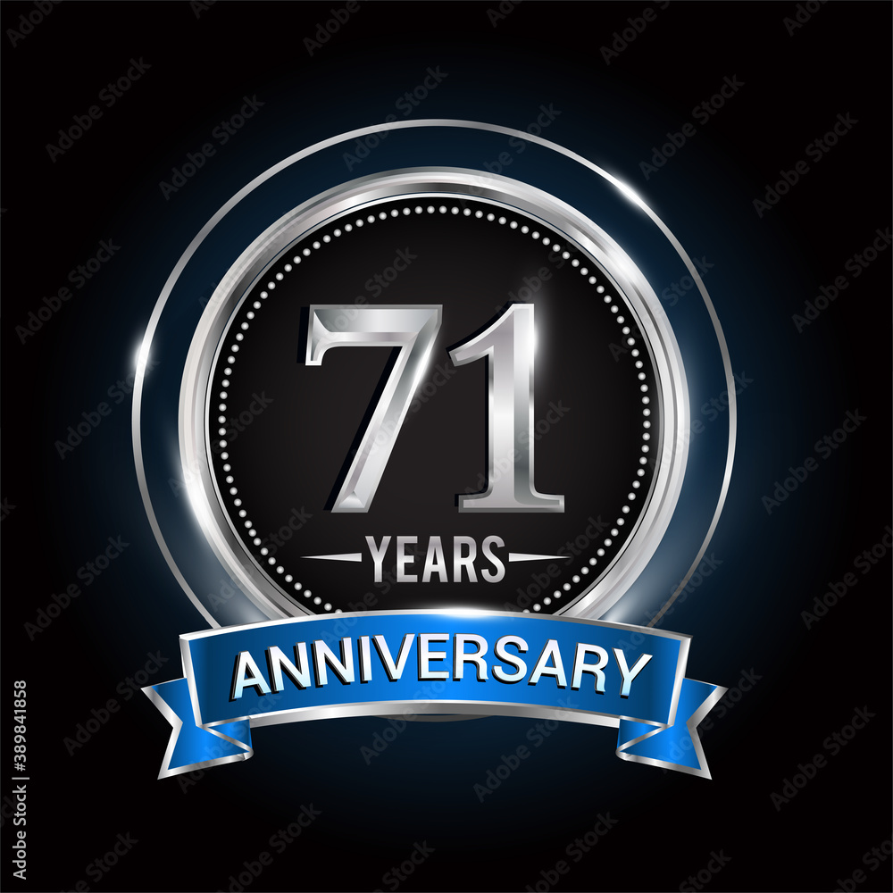 71st birthday logo with silver ring and blue ribbon, Vector design template elements for anniversary celebration, wedding, jubilee, greeting card, invitation, party. 71st birthday logo with silver ring and blue ribbon, Vector design template elements for anniversary celebration, wedding, jubilee, greeting card, invitation, party.