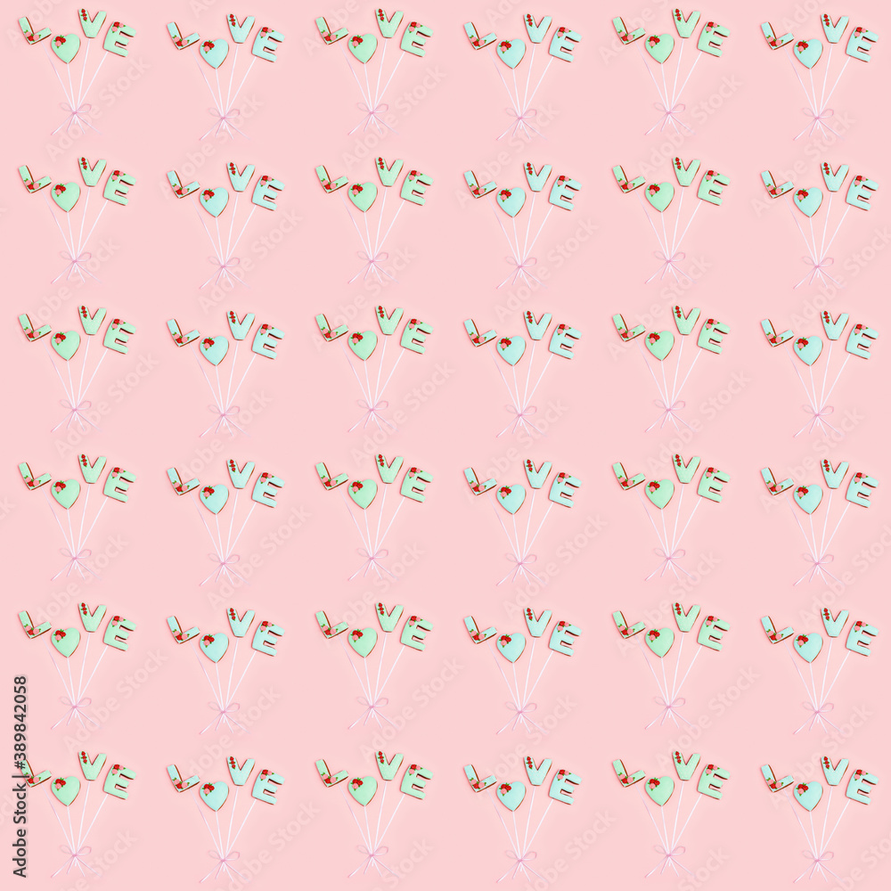 Seamless pattern from gingerbread heart, and words love from cookies with icing. Valentines day print. Seamless pattern from gingerbread heart, and words love from cookies with icing. Valentines day print.