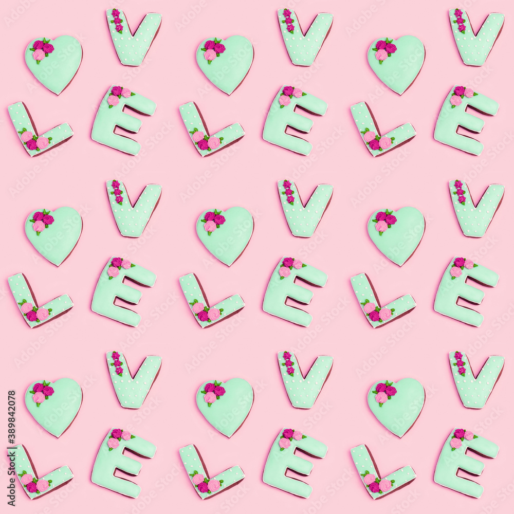 Seamless pattern of letters that make up word love from homemade cookies. Valentines Holiday food concept. Seamless pattern of letters that make up word love from homemade cookies. Valentines Holiday food concept.