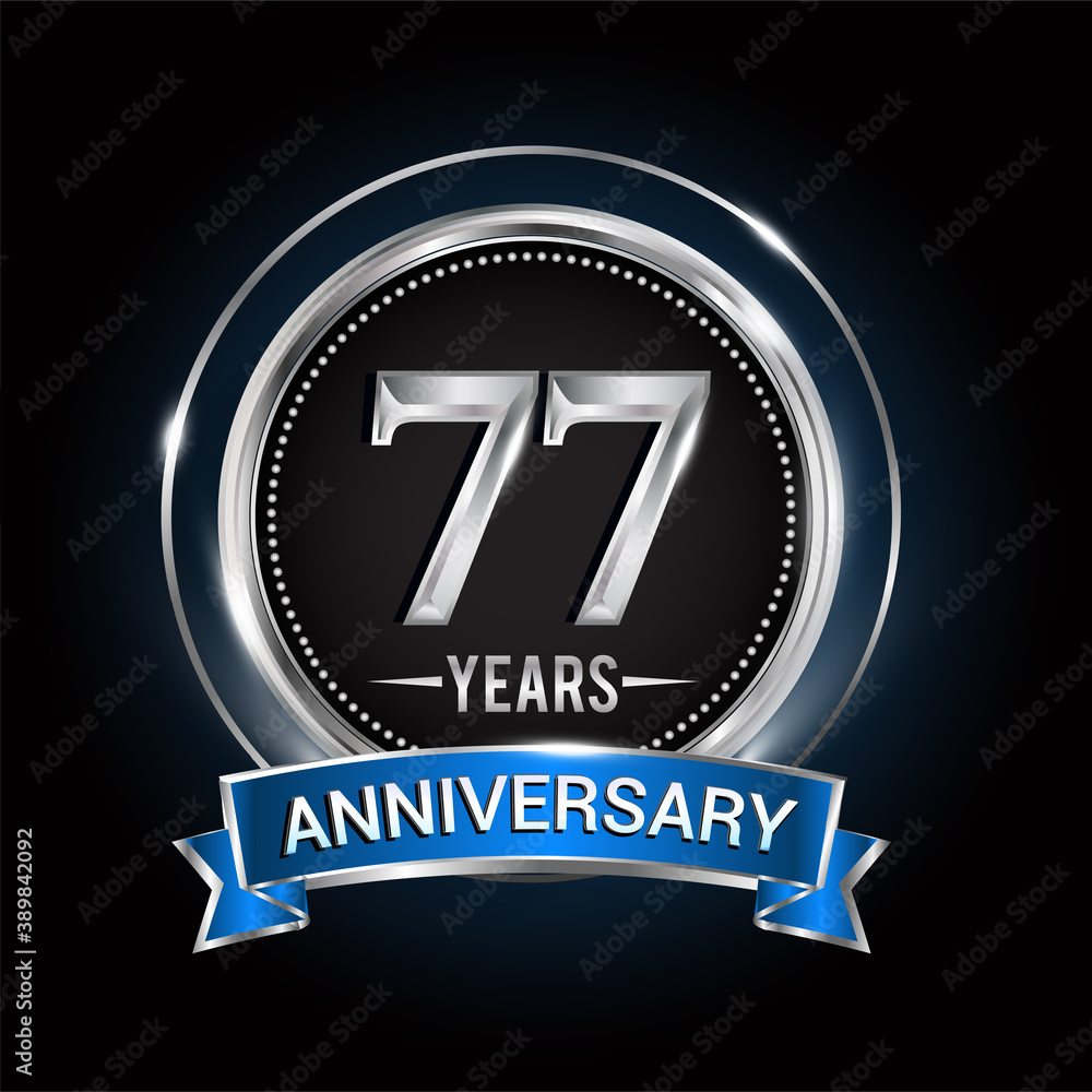 77th birthday logo with silver ring and blue ribbon, Vector design template elements for anniversary celebration, wedding, jubilee, greeting card, invitation, party. 77th birthday logo with silver ring and blue ribbon, Vector design template elements for anniversary celebration, wedding, jubilee, greeting card, invitation, party.