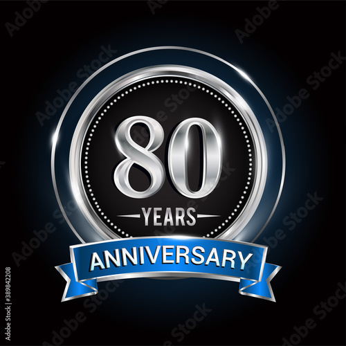 80th birthday logo with silver ring and blue ribbon, Vector design template elements for anniversary celebration, wedding, jubilee, greeting card, invitation, party.