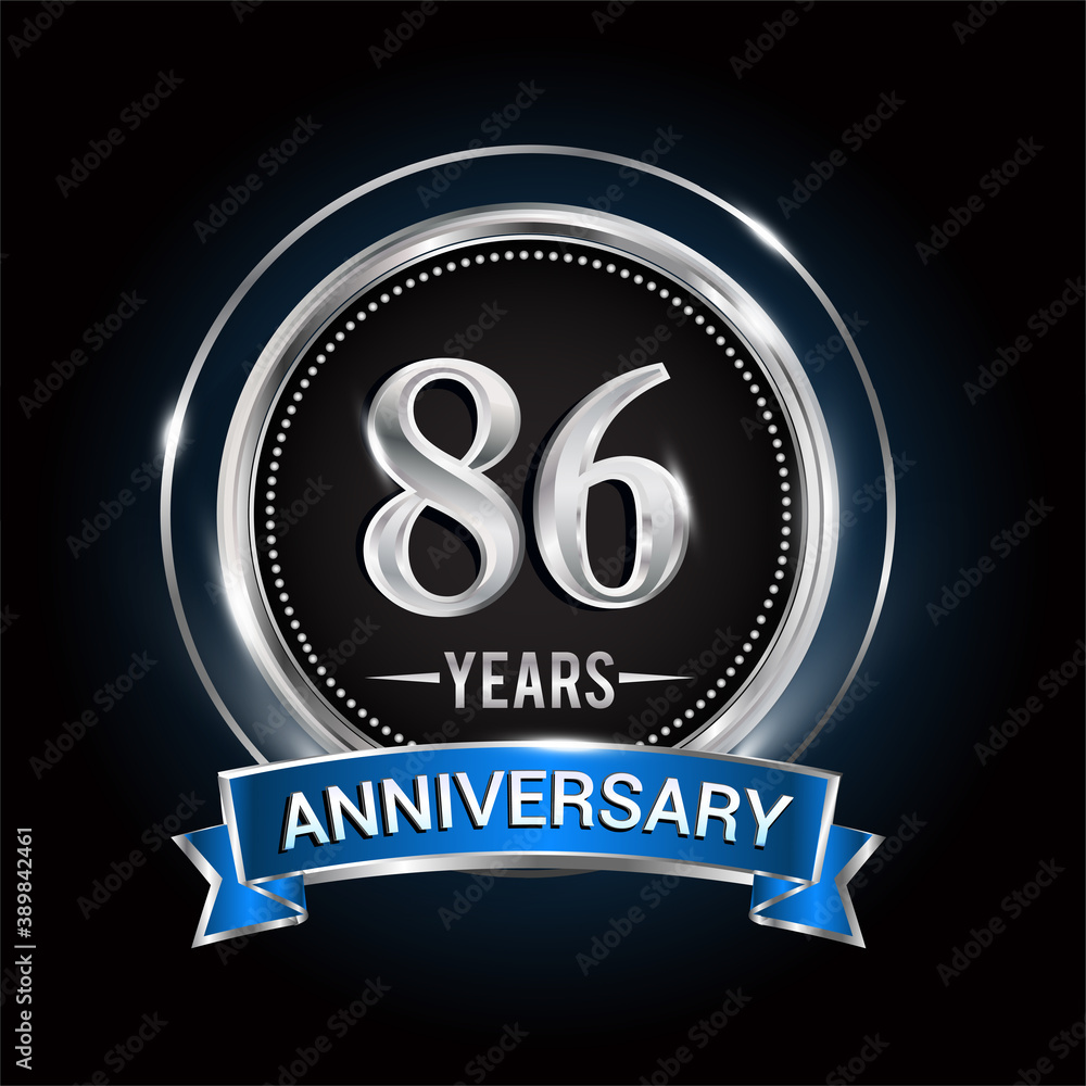 86th birthday logo with silver ring and blue ribbon, Vector design template elements for anniversary celebration, wedding, jubilee, greeting card, invitation, party. 86th birthday logo with silver ring and blue ribbon, Vector design template elements for anniversary celebration, wedding, jubilee, greeting card, invitation, party.