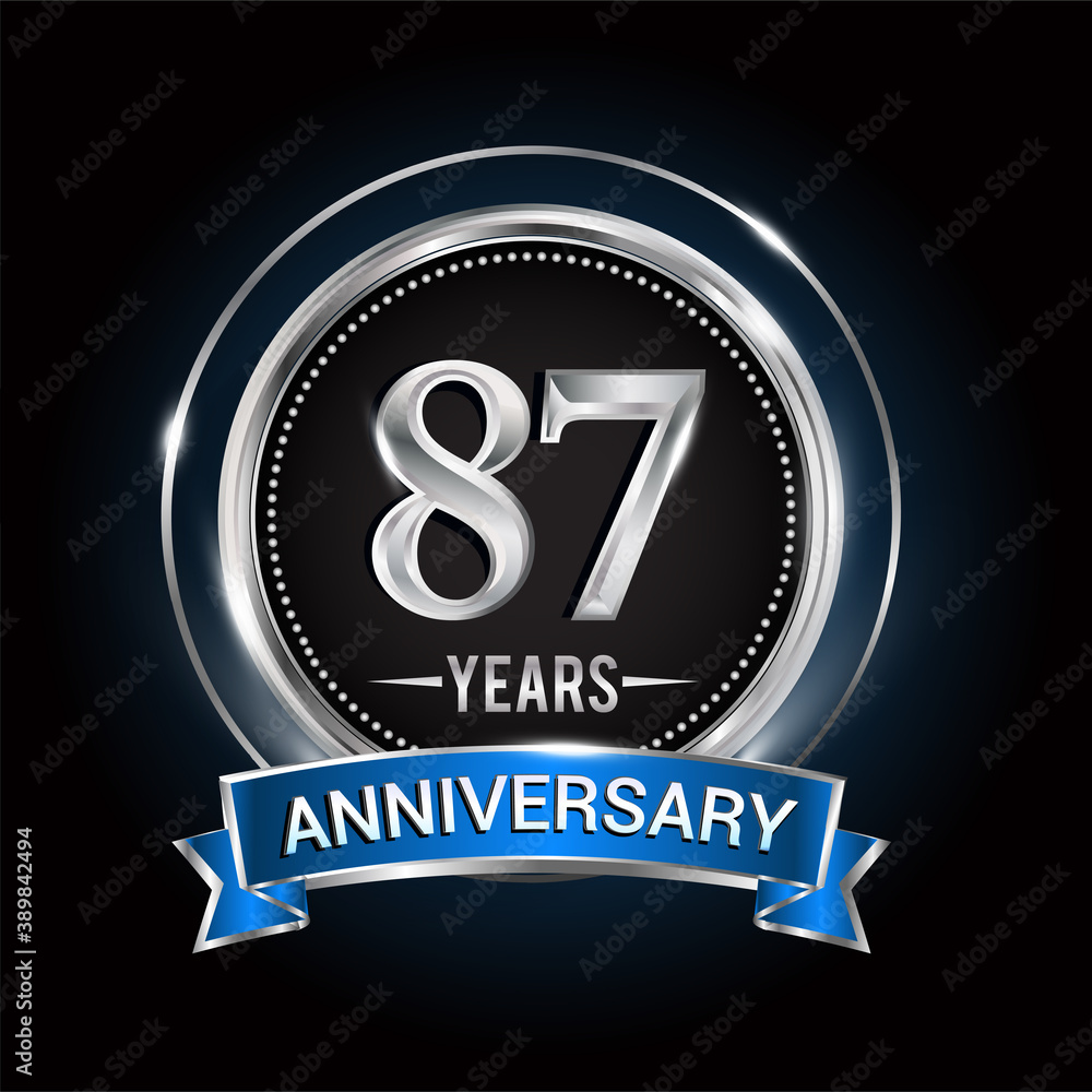 87th birthday logo with silver ring and blue ribbon, Vector design template elements for anniversary celebration, wedding, jubilee, greeting card, invitation, party. 87th birthday logo with silver ring and blue ribbon, Vector design template elements for anniversary celebration, wedding, jubilee, greeting card, invitation, party.
