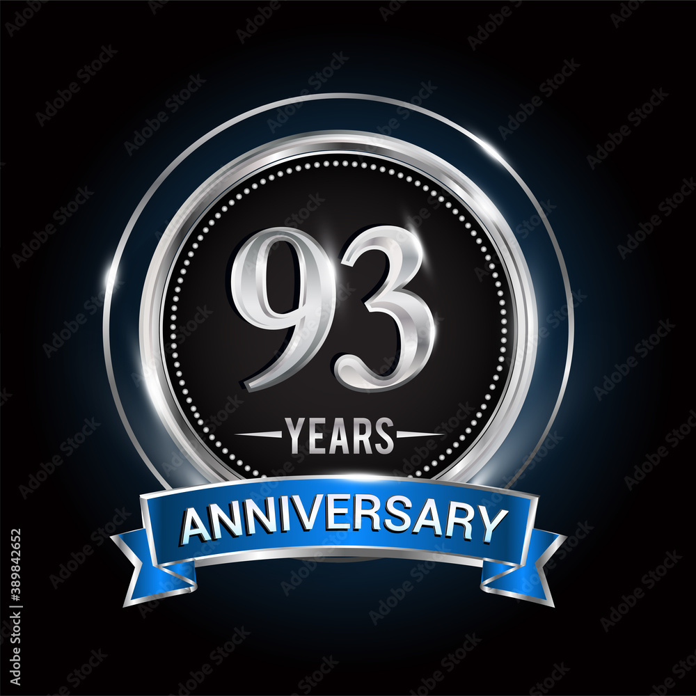 93rd birthday logo with silver ring and blue ribbon, Vector design template elements for anniversary celebration, wedding, jubilee, greeting card, invitation, party. 93rd birthday logo with silver ring and blue ribbon, Vector design template elements for anniversary celebration, wedding, jubilee, greeting card, invitation, party.