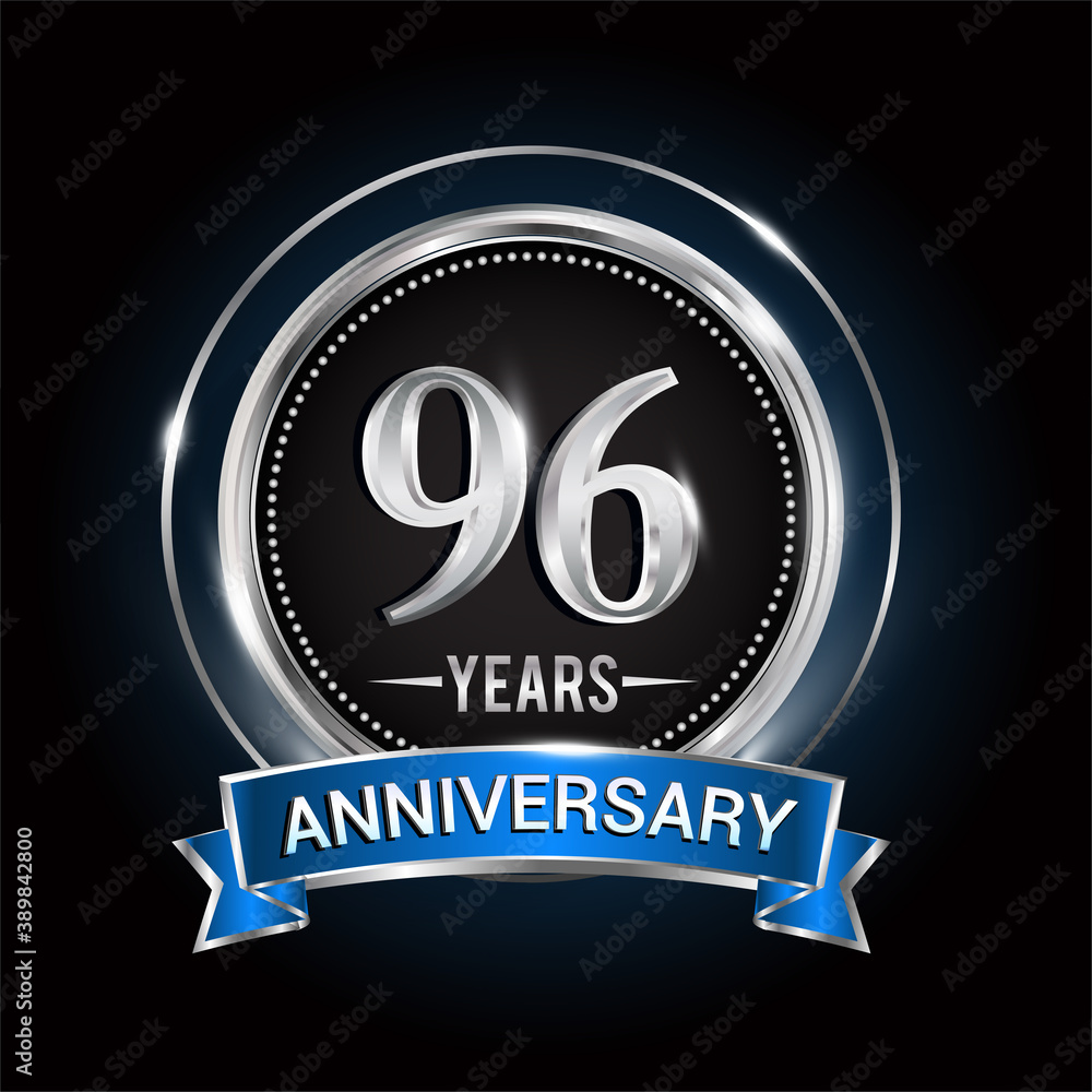 96th birthday logo with silver ring and blue ribbon, Vector design template elements for anniversary celebration, wedding, jubilee, greeting card, invitation, party. 96th birthday logo with silver ring and blue ribbon, Vector design template elements for anniversary celebration, wedding, jubilee, greeting card, invitation, party.