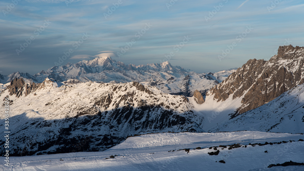 Mont Blanc from Les Menuires resort in winter. French alps in winter, snowy mountains in France