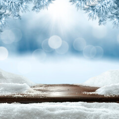 Desk of free space and winter background 