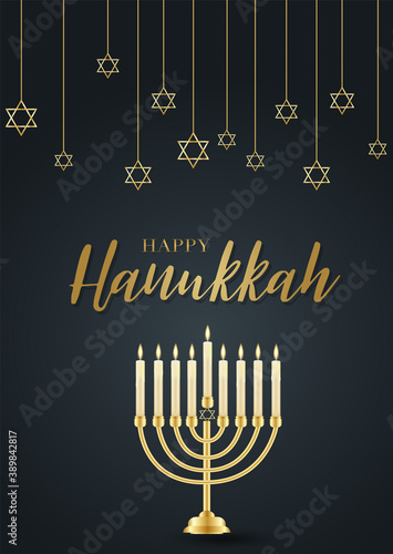 Happy Hanukkah. Traditional Jewish holiday. Chankkah banner, poster or flyer design concept, black luxury background. Judaic religion decor with Menorah, candles, David star. Vector illustration. photo