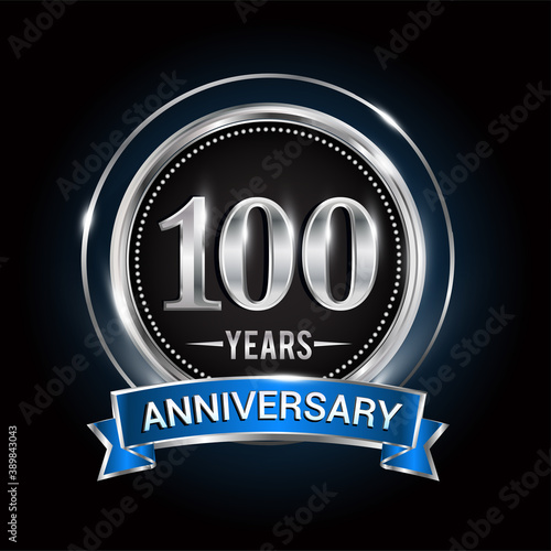 100th birthday logo with silver ring and blue ribbon, Vector design template elements for anniversary celebration, wedding, jubilee, greeting card, invitation, party.