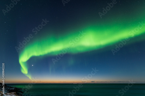 Spectacular dancing green strong northern lights over the famous round boulder beach near Uttakleiv on the Lofoten islands in Norway on clear winter night with snow-clad mountains
