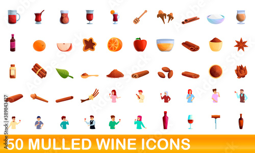 50 mulled wine icons set. Cartoon illustration of 50 mulled wine icons vector set isolated on white background