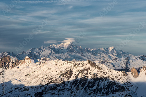 Mont Blanc from Les Menuires resort in winter. French alps in winter, snowy mountains in France