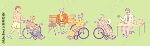 Disabled people with wheelchairs. Elderly man on bench communicates with an elderly grandmother in wheelchair, girl in stroller at recruitment with HR manager. Friend drives friend in wheelchair