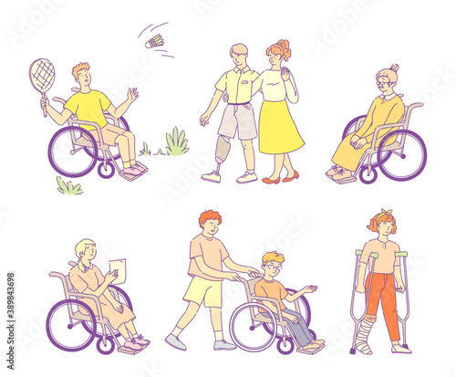 Disabled people with disabilities and wheelchairs. People on artificial legs, on crutches, blind man. Handicapped person in wheelchairs.