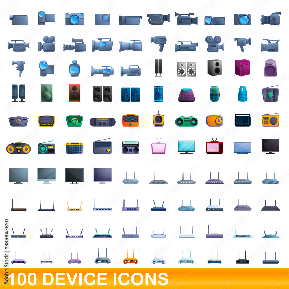 100 device icons set. Cartoon illustration of 100 device icons vector set isolated on white background 100 device icons set. Cartoon illustration of 100 device icons vector set isolated on white background