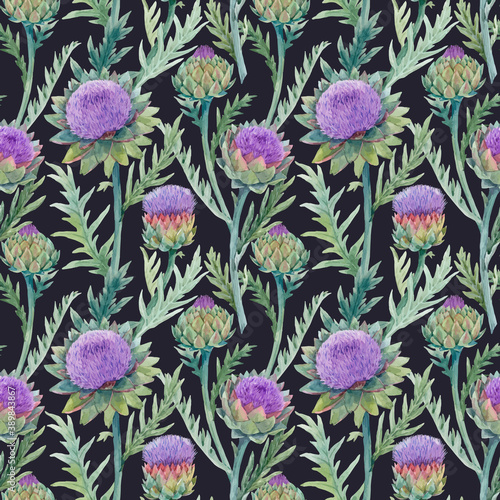 Beautiful vector seamless floral pattern with watercolor gentle blue blooming artichoke flowers. Stock illustration.