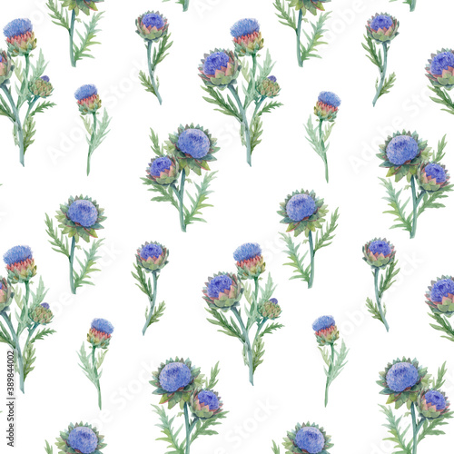 Beautiful vector seamless floral pattern with watercolor gentle blue blooming artichoke flowers. Stock illustration.