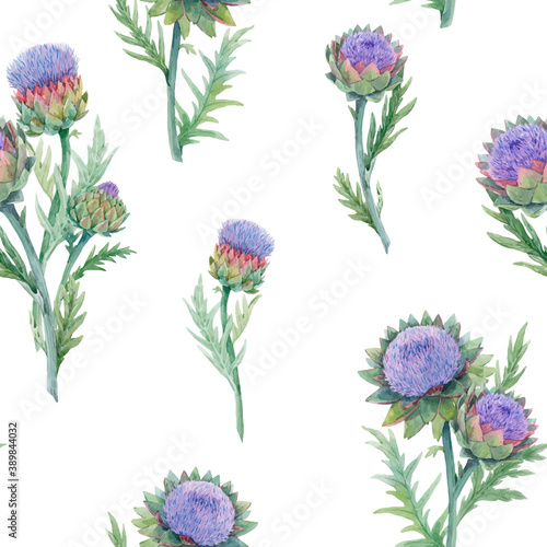Beautiful vector seamless floral pattern with watercolor gentle blue blooming artichoke flowers. Stock illustration.
