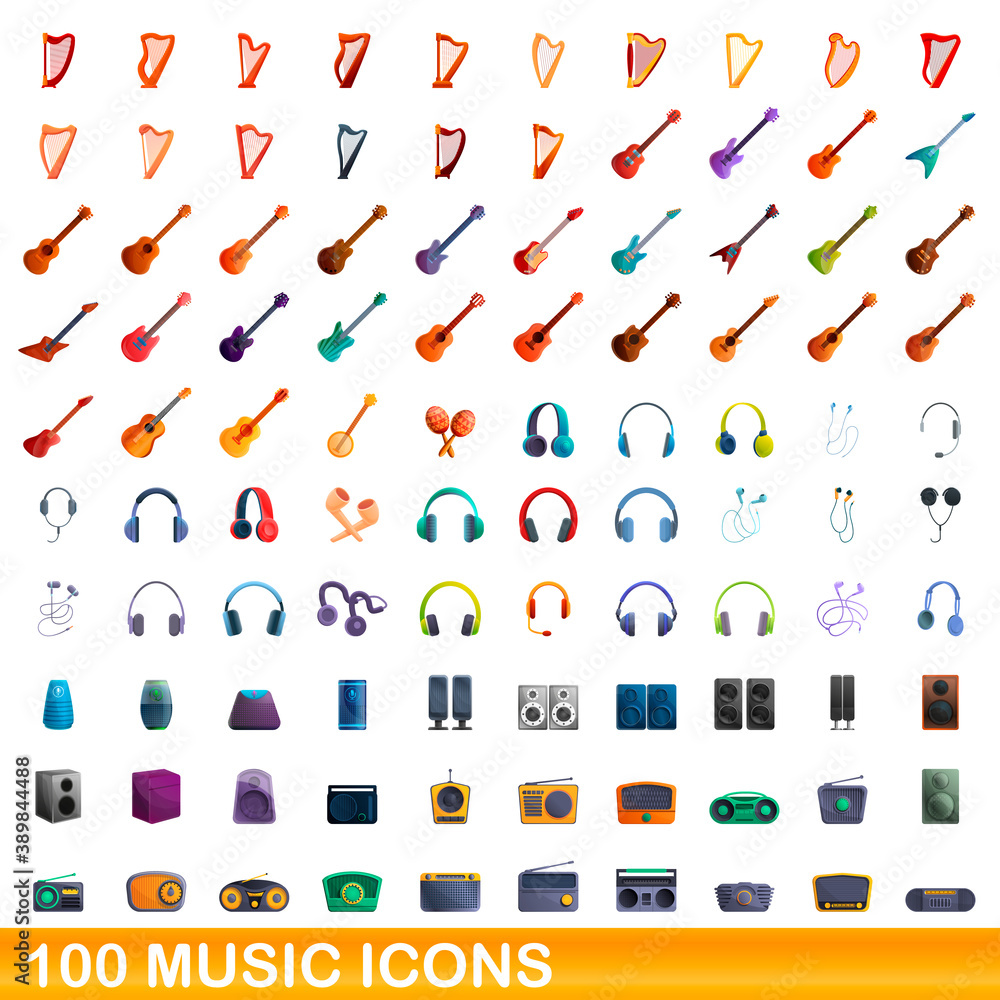 100 music icons set. Cartoon illustration of 100 music icons vector set isolated on white background 100 music icons set. Cartoon illustration of 100 music icons vector set isolated on white background