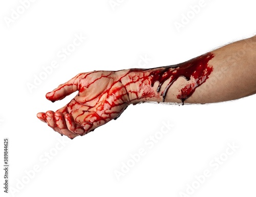 Foto Bloody hand isolated on white background.