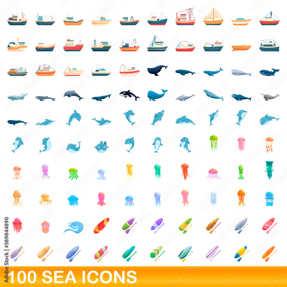 100 sea icons set. Cartoon illustration of 100 sea icons vector set isolated on white background