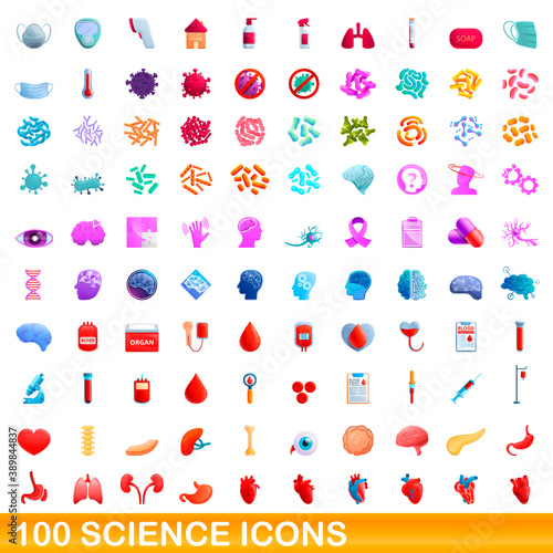 100 science icons set. Cartoon illustration of 100 science icons vector set isolated on white background