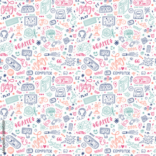 Gadget icons Vector Seamless pattern. Hand Drawn Doodle Computer Game items. Video Games Background