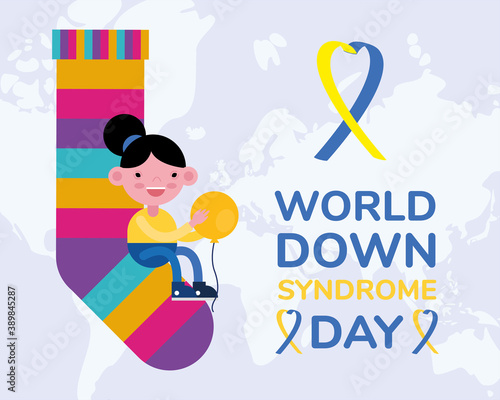 world down sindrome day campaign poster with little girl seated in colors socks