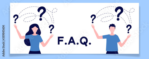 Concept of inquiry, frequently asked questions, looking for assistance, help, thinking. Female and male characters surrounded question marks. Men and woman in trouble. Flat vector illustration