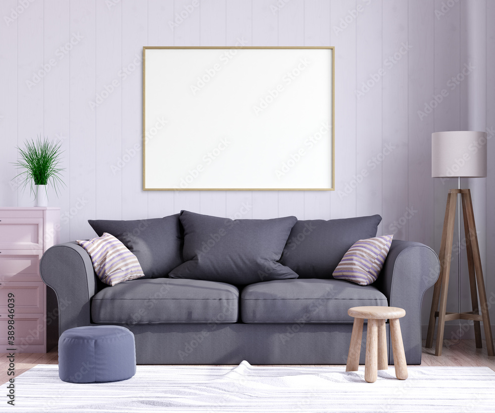 Plakat Mock up poster frame in interior background, living room.Scandinavian style. 3d render. 3D illustration.