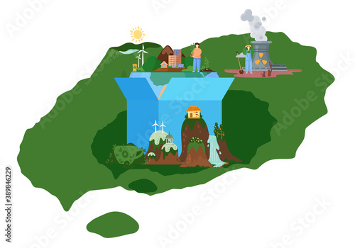 Ecology concept, little people prepare for the day of the Earth, save the planet, save energy, the hour of the Earth. Characters take care about planet ecology, remove garbage and plant trees