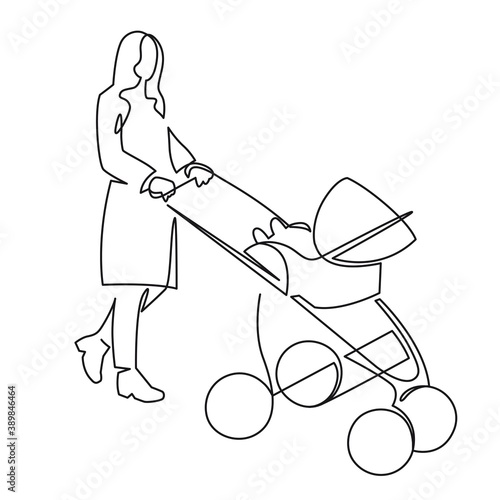 Continuous one line drawing of mom with a toddler in a stroller drawn by hand vector illustration. Mother with a baby on a walk.