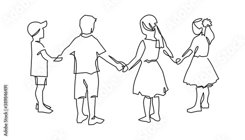 Group of young children holding hands continuous one line drawing. Kindergarten friendships concept. Happy cute kids in unity.