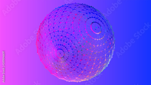 Colored 3d wireframe sphere with dots and lines. 3d rendering