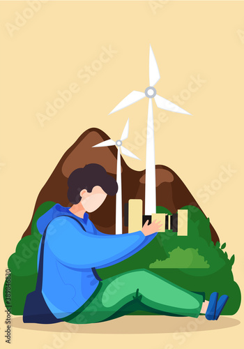 The guy sitting and holding the camera. Photographer takes pictures of a landscape with a wind farm. Photographic art. A cameraman prepares camera for a photo shoot of nature. Photographic art