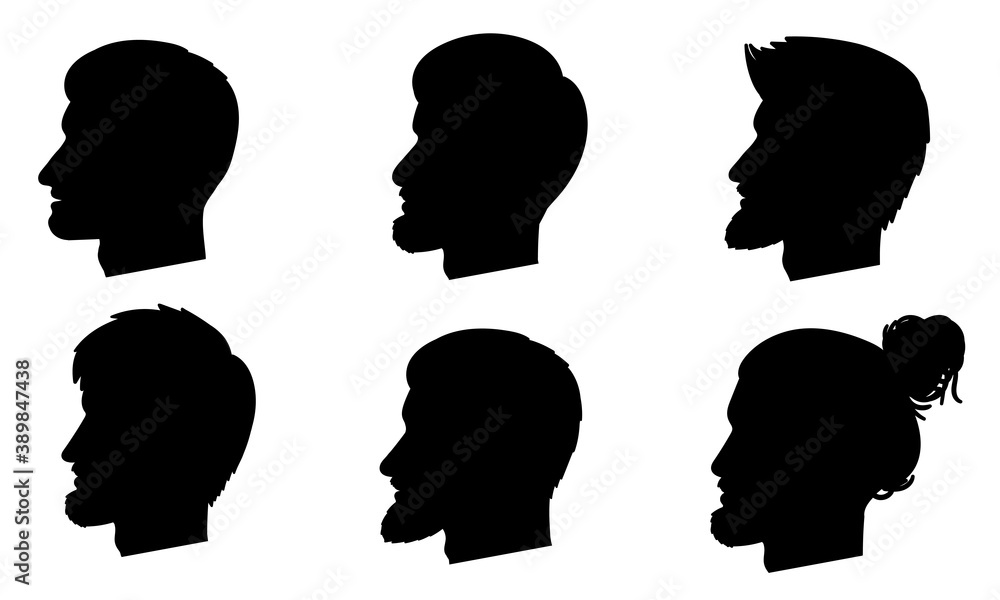 Male head silhouette icon set in profile. Man face portrait collection. Side view. Men with different hairs or hairstyles and beards. Anonymous, avatar symbol. Vector illustration. Male head silhouette icon set in profile. Man face portrait collection. Side view. Men with different hairs or hairstyles and beards. Anonymous, avatar symbol. Vector illustration.