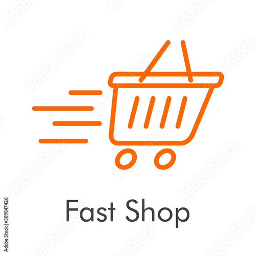 Tienda en línea. Logotipo lineal con texto Fast Shop con cesta de la compra con líneas de velocidad y ruedas en color naranja