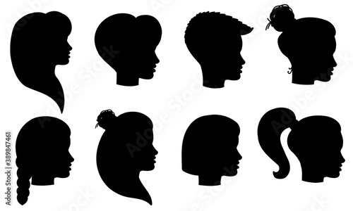 Female head silhouette icon set in profile. Woman or girl face portrait collection. Side view. Young women with different hairs or hairstyles. Vector illustration. 