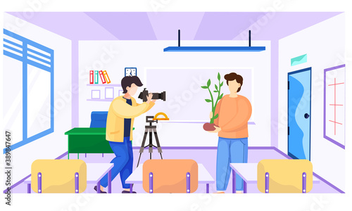 Photographer with a camera taking pictures of the guy holding a tree to plant it. Photo session at ecology lesson in school. Men work and care about the environment. Environmentally friendly lifestyle