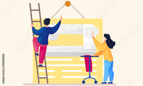 A seamstress team hangs up a poster depicting a sewing machine and its structure. Preparation for sewing clothes. Getting started with experienced designers. Atelier for making clothes to order