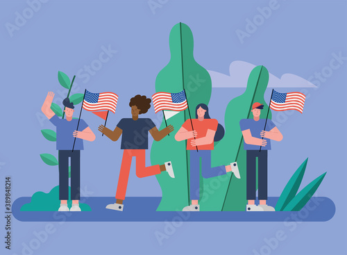 voters with usa flags election day scene