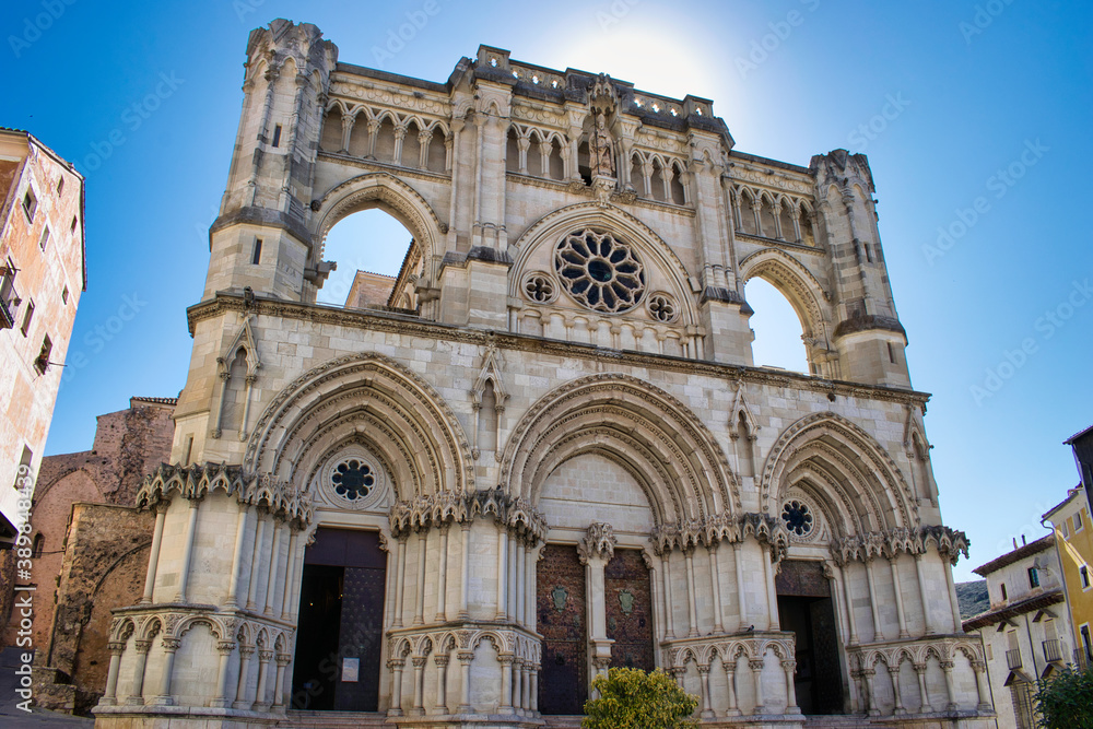 Facade of the gothic style cathedral of Cuenca