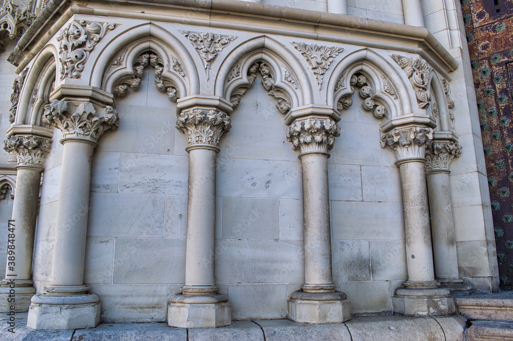 Gothic style decorative columns on the exterior facade of Cuenca cathedral