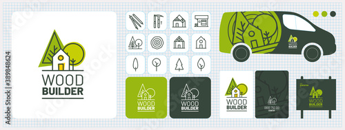Charte graphique, identité visuelle, logo, publicité, carte de visite, constructeur de maisons ossature bois, charpentier, menuisier, rénovation, extension, aménagement extérieur bois