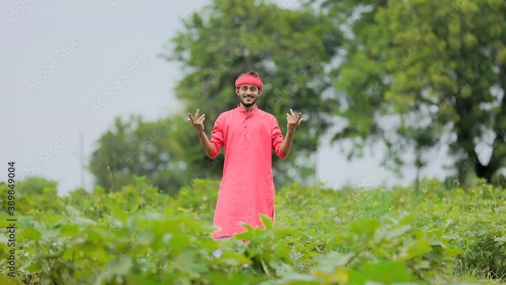Happy young Indian farmer standing in green eggplant field Happy young Indian farmer standing in green eggplant field