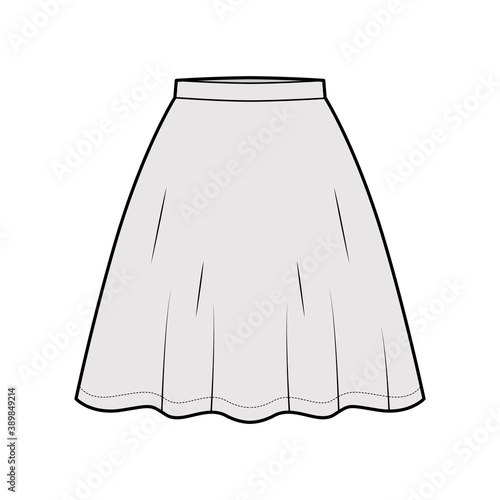 Skirt flared skater technical fashion illustration with above-the-knee silhouette, semi-circular fullness. Flat bottom template front, grey color style. Women, men, unisex CAD mockup