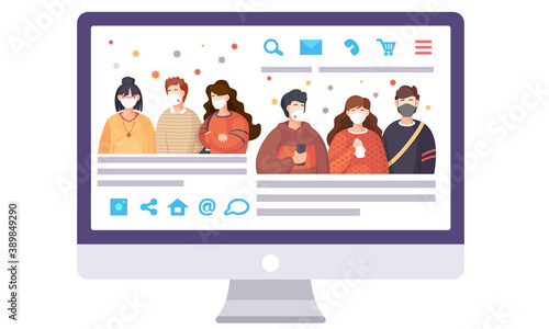 Covid-19 or coronavirus prevention protocols concept with diverse people wearing a surgical face masks and respirators. Image of students in quarantine saving from illness on computer monitor