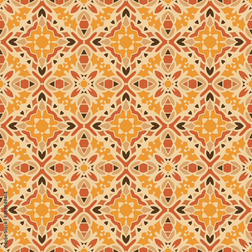 Bright color creative abstract geometric pattern in orange, vector seamless, can be used for printing onto fabric, interior, design, textile, carpet, tiles, pillows.