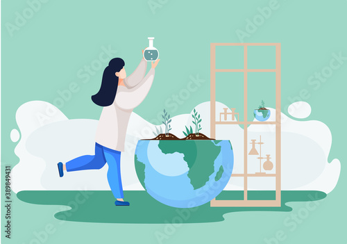 Scientist in laboratory. Woman in white coat, environmental investigator or chemical researcher with flask makes analyzes. Illustration of science experiment in lab with half globe explore ecology