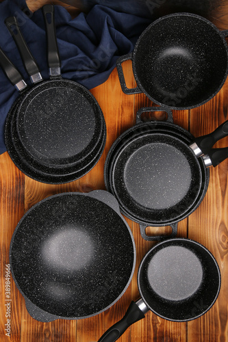 set of pots and pans top view. Mockup, kitchen utensils, recipe book, cooking classes concept